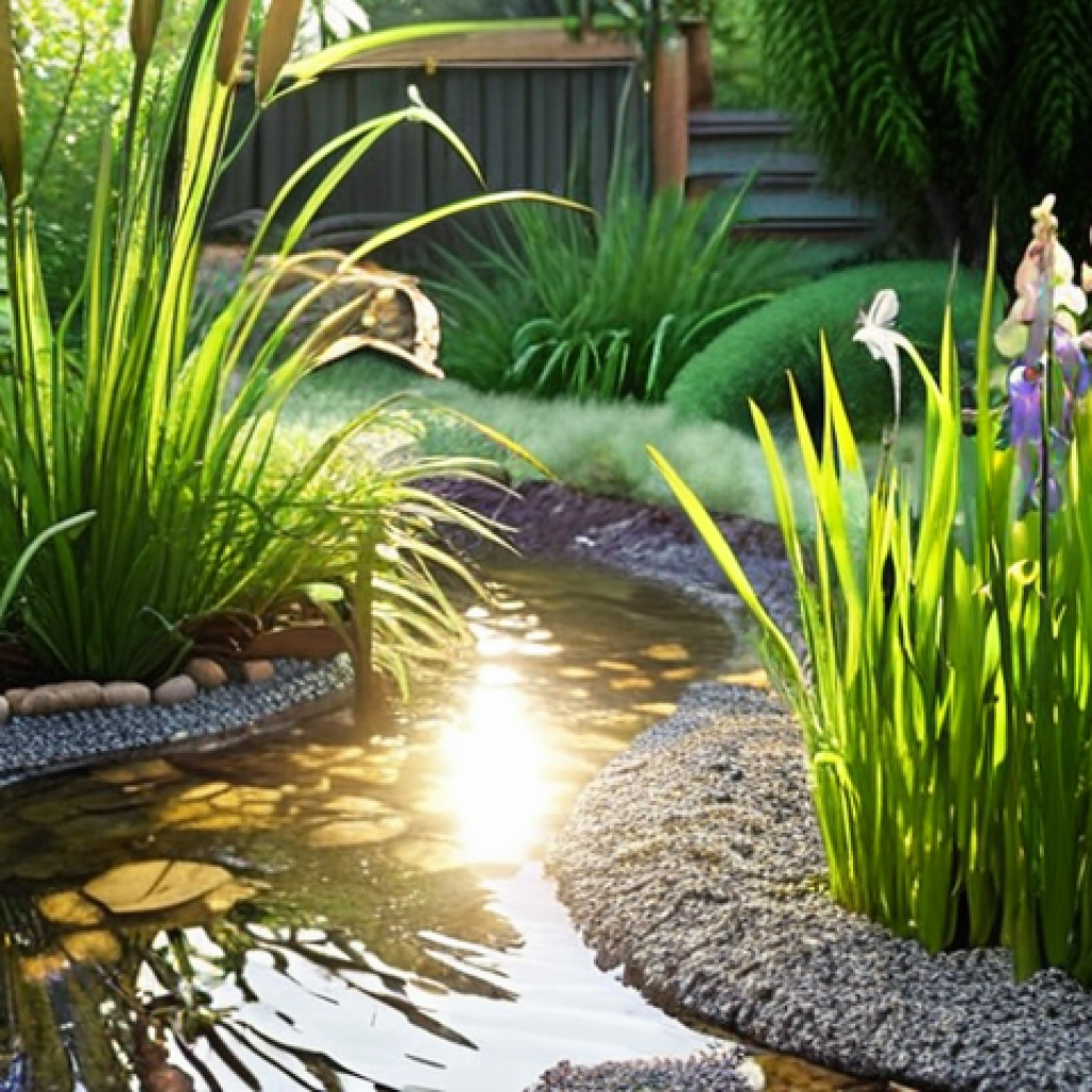 **Prompt:** A serene and vibrant rain garden, inspired by a Parisian suburban home. Close-up view of crystal-clear water gently flowing through lush, native aquatic plants like irises and horsetail, showcasing visible layers of sand and gravel beneath. Sunlight filters through the leaves, illuminating the water surface. Dragonflies gracefully hover, and small birds are seen near the purified water. The scene emphasizes the harmonious integration of natural engineering into a peaceful domestic environment, highlighting the quiet magic of biofiltration. (Style: realistic, natural light, detailed, serene atmosphere)