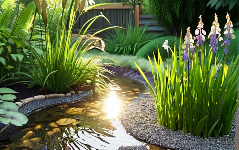 **Prompt:** A serene and vibrant rain garden, inspired by a Parisian suburban home. Close-up view of crystal-clear water gently flowing through lush, native aquatic plants like irises and horsetail, showcasing visible layers of sand and gravel beneath. Sunlight filters through the leaves, illuminating the water surface. Dragonflies gracefully hover, and small birds are seen near the purified water. The scene emphasizes the harmonious integration of natural engineering into a peaceful domestic environment, highlighting the quiet magic of biofiltration. (Style: realistic, natural light, detailed, serene atmosphere)