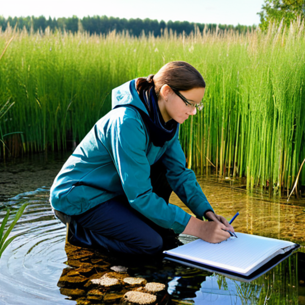 A professional environmental scientist, fully clothed in modest field attire, observing a serene, natural water purification system. Lush green reeds (Phragmites) grow in multiple filtration beds with visible layers of varying gravel and sand beneath the clear, purified water surface. Sunlight highlights the gentle flow of water. The scientist is taking notes, looking engaged and professional. Located in an outdoor, professionally managed ecological site in the French countryside, with a clear blue sky. Professional photography, high detail, vibrant natural colors, natural pose, focus on biological and physical processes, safe for work, appropriate content, fully clothed, professional, perfect anatomy, correct proportions, natural body proportions, well-formed hands, proper finger count.