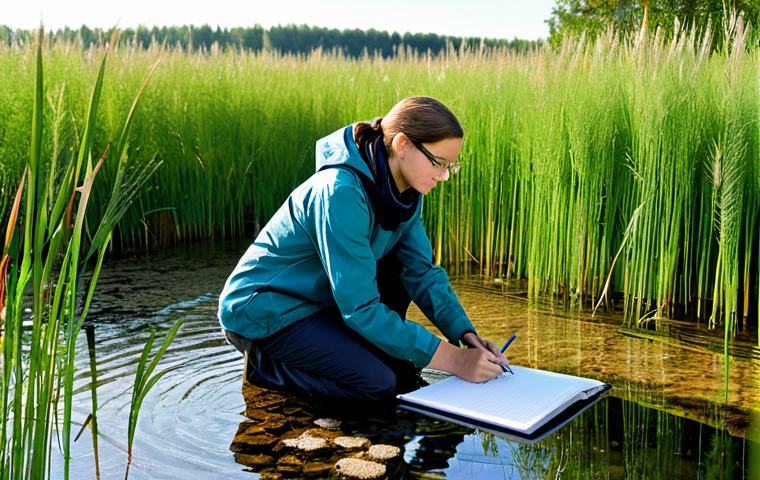 A professional environmental scientist, fully clothed in modest field attire, observing a serene, natural water purification system. Lush green reeds (Phragmites) grow in multiple filtration beds with visible layers of varying gravel and sand beneath the clear, purified water surface. Sunlight highlights the gentle flow of water. The scientist is taking notes, looking engaged and professional. Located in an outdoor, professionally managed ecological site in the French countryside, with a clear blue sky. Professional photography, high detail, vibrant natural colors, natural pose, focus on biological and physical processes, safe for work, appropriate content, fully clothed, professional, perfect anatomy, correct proportions, natural body proportions, well-formed hands, proper finger count.