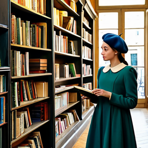 Home 20 Parisian Bookstore Scene**
"A young woman browsing in a charming Parisian bookstore, wearing a stylish, modest dress and a beret, surrounded by shelves filled with books, soft natural light, appropriate attire, safe for work, perfect anatomy, natural proportions, professional photography, high quality, warm color palette."
**
