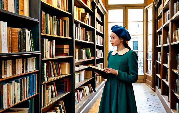 Parisian Bookstore Scene**
"A young woman browsing in a charming Parisian bookstore, wearing a stylish, modest dress and a beret, surrounded by shelves filled with books, soft natural light, appropriate attire, safe for work, perfect anatomy, natural proportions, professional photography, high quality, warm color palette."
**