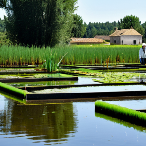 Home 19 Artificial Wetland Ecosystem**
"A diverse, thriving artificial wetland ecosystem with various aquatic plants and clean water flowing through. In the background, show the edge of a small French village. Focus on the symbiotic relationship of microorganisms, plant roots, and water purification. Fully clothed researchers are observing the system with scientific equipment. Safe for work, appropriate content, fully clothed, professional, perfect anatomy, natural proportions, showcasing sustainable water treatment, educational, family-friendly."
**