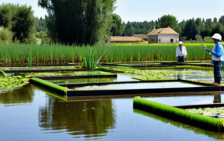 Artificial Wetland Ecosystem**
"A diverse, thriving artificial wetland ecosystem with various aquatic plants and clean water flowing through. In the background, show the edge of a small French village. Focus on the symbiotic relationship of microorganisms, plant roots, and water purification. Fully clothed researchers are observing the system with scientific equipment. Safe for work, appropriate content, fully clothed, professional, perfect anatomy, natural proportions, showcasing sustainable water treatment, educational, family-friendly."
**