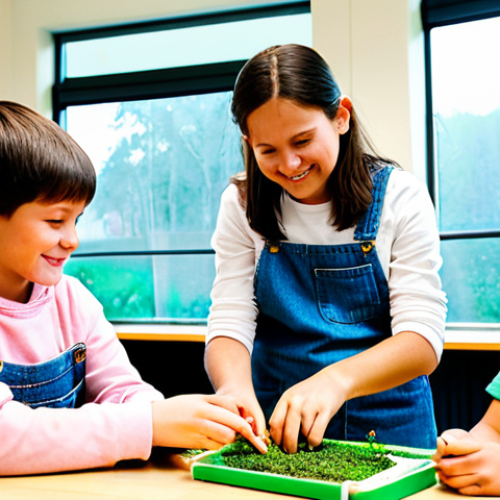 Home 18 Children's Workshop**
"A group of children (ages 8-10) participating in a hands-on workshop, building a miniature phyto-purification system model using recycled materials. The setting is a bright, airy classroom with large windows overlooking a green field. The children are fully clothed in appropriate attire (jeans, t-shirts, sweaters). The teacher, a friendly woman in her 30s wearing a casual dress, is assisting them. Emphasis on joyful learning and collaboration. Perfect anatomy, natural proportions, well-formed hands, proper finger count, professional photography, safe for work, appropriate content, fully clothed, family-friendly, educational setting, realistic style."
**