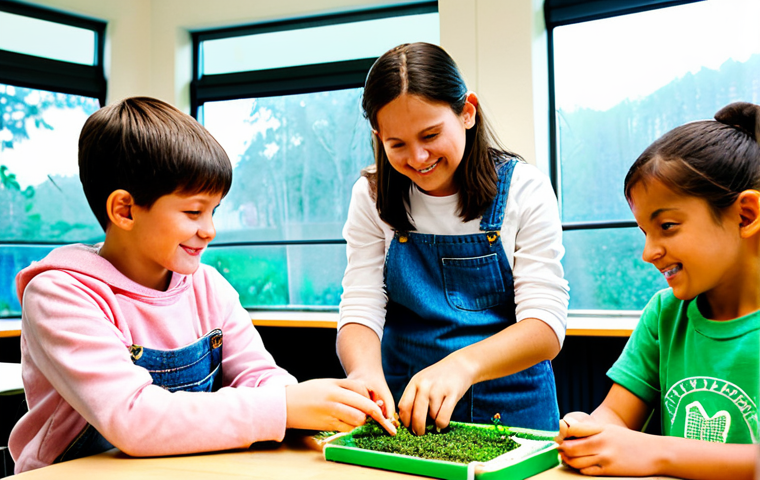 Children's Workshop**
"A group of children (ages 8-10) participating in a hands-on workshop, building a miniature phyto-purification system model using recycled materials. The setting is a bright, airy classroom with large windows overlooking a green field. The children are fully clothed in appropriate attire (jeans, t-shirts, sweaters). The teacher, a friendly woman in her 30s wearing a casual dress, is assisting them. Emphasis on joyful learning and collaboration. Perfect anatomy, natural proportions, well-formed hands, proper finger count, professional photography, safe for work, appropriate content, fully clothed, family-friendly, educational setting, realistic style."
**