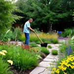 자연형 물 정화 시스템 설치 가이드 - **Lush Rain Garden:** A well-maintained rain garden overflowing with native French wildflowers and g...