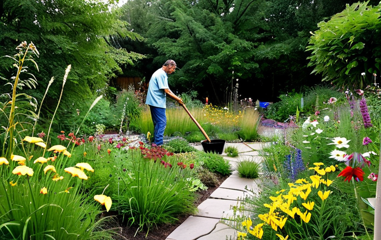 자연형 물 정화 시스템 설치 가이드 - **Lush Rain Garden:** A well-maintained rain garden overflowing with native French wildflowers and g...