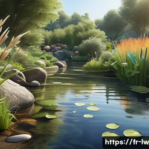 Home 33 자연형 물 정화 시스템의 설치 후 지속적 관리 방안 - A detailed illustration of an artificial wetland water purification system in a serene natural setti...