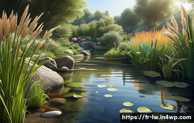 자연형 물 정화 시스템의 설치 후 지속적 관리 방안 - A detailed illustration of an artificial wetland water purification system in a serene natural setti...