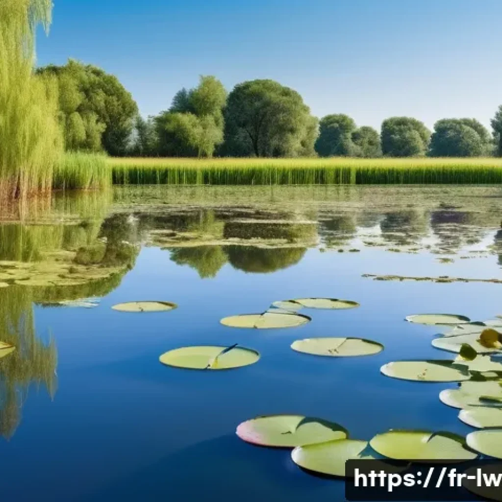 자연형 물 정화 시스템과 기존 정화 시스템 비교 - A serene natural wetland scene in France during spring, featuring lush aquatic plants like reeds and...