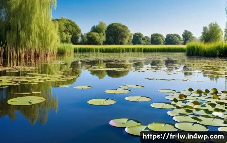 자연형 물 정화 시스템과 기존 정화 시스템 비교 - A serene natural wetland scene in France during spring, featuring lush aquatic plants like reeds and...