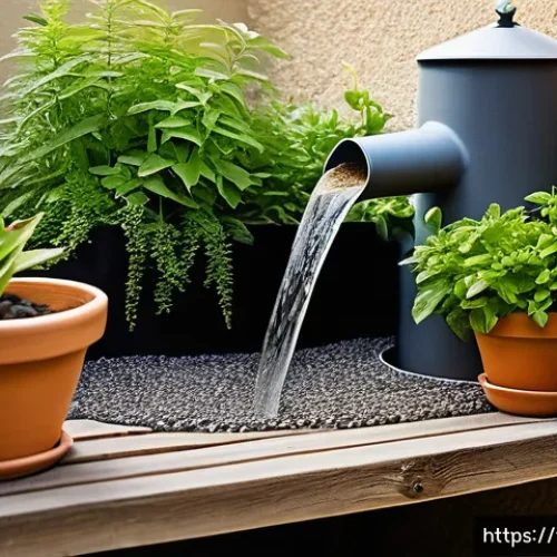 Home 31 자연형 물 정화 기술의 역사와 발전 - A detailed, serene rural French garden scene showing a homemade sand water filter in use: a rustic w...