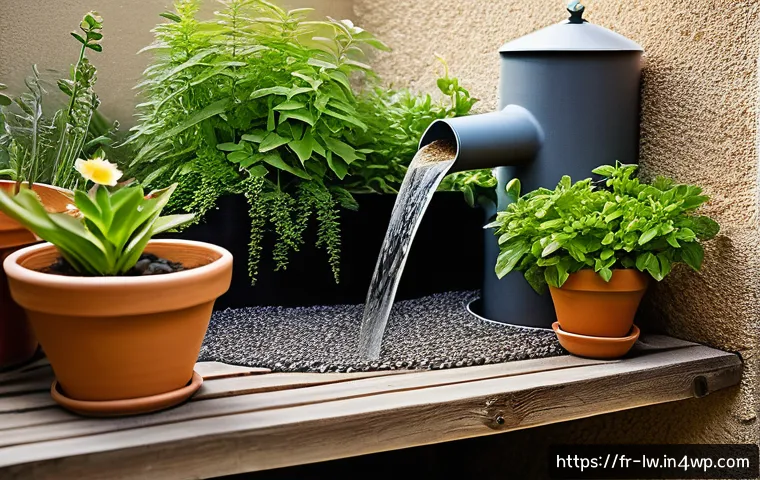 자연형 물 정화 기술의 역사와 발전 - A detailed, serene rural French garden scene showing a homemade sand water filter in use: a rustic w...