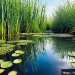 Home 18 자연형 물 정화 시스템과 생물학적 처리 기술 - A serene French wetland ecosystem in spring, showcasing diverse aquatic plants such as reeds, water ...