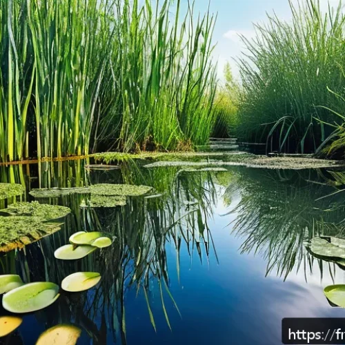 Home 30 자연형 물 정화 시스템과 생물학적 처리 기술 - A serene French wetland ecosystem in spring, showcasing diverse aquatic plants such as reeds, water ...