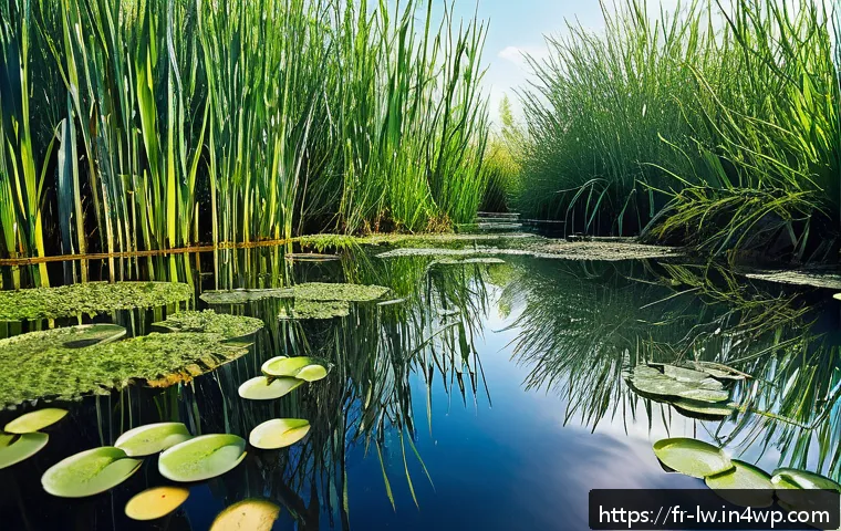 자연형 물 정화 시스템과 생물학적 처리 기술 - A serene French wetland ecosystem in spring, showcasing diverse aquatic plants such as reeds, water ...