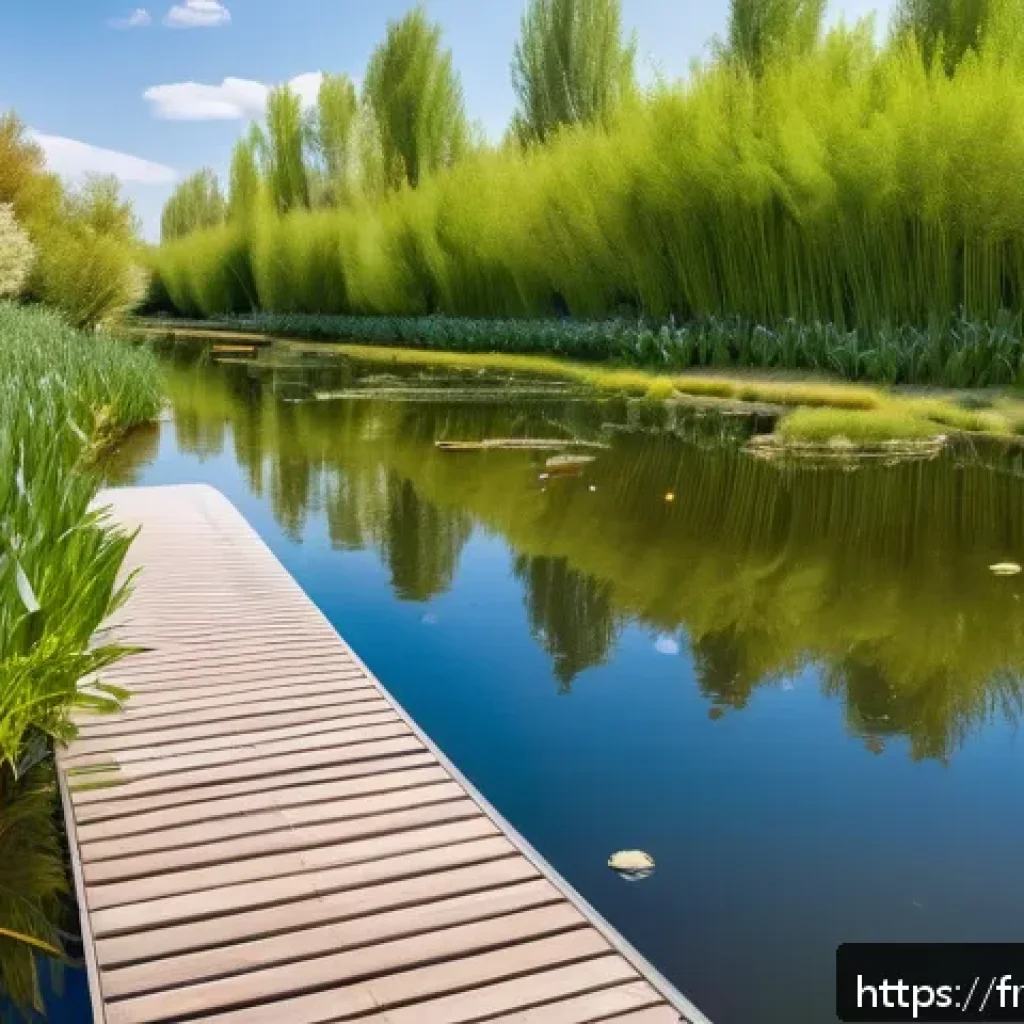 자연형 물 정화 시스템을 활용한 연구 프로젝트 - A serene artificial wetland ecosystem in a French suburban park during spring, featuring diverse aqu...