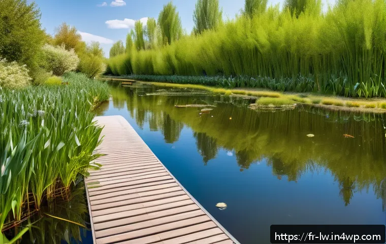 자연형 물 정화 시스템을 활용한 연구 프로젝트 - A serene artificial wetland ecosystem in a French suburban park during spring, featuring diverse aqu...