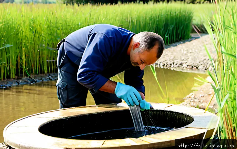 자연형 물 정화 시스템의 설치 후 유지관리 체크리스트 - Photorealistic maintenance inspection of a natural water purification system in rural France, a midd...