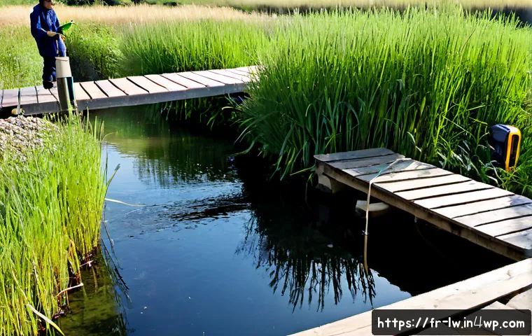 Home 17 자연형 물 정화 시스템의 효과적인 운영 전략 - Photorealistic natural water purification wetland in rural France, clear stream flowing through laye...